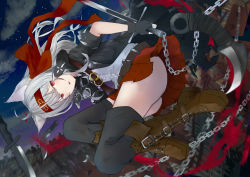 Rule 34 | 1girl, absurdres, agehachou tsukushi, ahoge, animal ears, belt, boots, cat ears, chain, fingerless gloves, gloves, goggles, goggles around neck, headband, highres, knife, long coat, long hair, looking at viewer, night, original, outdoors, pleated skirt, red eyes, shirt, silver hair, skirt, sky, solo, star (sky), starry sky, thighhighs, weapon