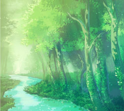 Rule 34 | bad id, bad pixiv id, commentary request, dappled sunlight, day, forest, green theme, miso katsu, nature, no humans, original, outdoors, river, scenery, sunlight, tree