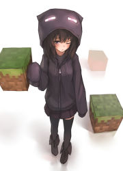 Rule 34 | 1girl, black eyes, black hair, black thighhighs, block (object), blush, enderman, hood, hoodie, minecraft, one eye closed, personification, pleated skirt, shoes, skirt, sleeves past wrists, solo, thighhighs, wink, xiao qiang (overseas), zipper