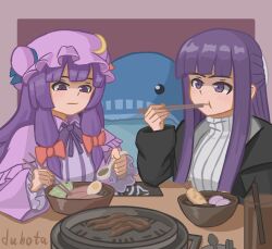 Rule 34 | 2girls, :i, artist name, black coat, blue ribbon, blunt bangs, bow, chopsticks, closed mouth, coat, commentary, commission, crescent, crescent hat ornament, crossover, dress, duhota, eating, fern (sousou no frieren), food, hair bow, hat, hat ornament, hat ribbon, highres, holding, holding chopsticks, holding spoon, light blush, light smile, long hair, mob cap, multiple girls, patchouli knowledge, purple eyes, purple hair, red bow, red ribbon, ribbon, robe, signature, sousou no frieren, spoon, striped clothes, striped dress, table, touhou, trait connection, upper body, vertical-striped clothes, vertical-striped dress, watermark, wide sleeves