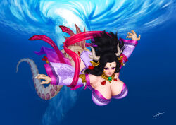 Rule 34 | abremson, ass, black hair, breasts, bubble, claws, cleavage, dragon girl, fins, full body, hanging breasts, horns, huge ass, huge breasts, jewelry, long hair, looking at viewer, monster girl, monster girl encyclopedia, monster girl encyclopedia ii, necklace, ocean, otohime (monster girl encyclopedia), purple eyes, revealing clothes, slit pupils, smirk, submerged, swimming, tail, underwater, water, whirlpool