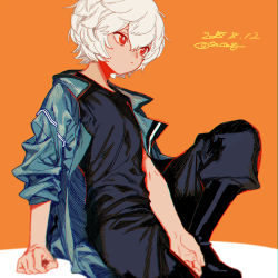 Rule 34 | 1boy, arm at side, arm out of sleeve, between legs, black footwear, black pants, black shirt, blouse, blue jacket, blurry, boots, dated, depth of field, hand between legs, jacket, knee boots, knee up, kuga yuuma, looking away, male focus, orange background, pants, pants tucked in, red eyes, sacog, shirt, sitting, sleeves pushed up, solo, uniform, white hair, world trigger