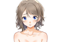 Rule 34 | 1girl, bare shoulders, blue eyes, blush, brown hair, collarbone, commentary, hair intakes, looking at viewer, love live!, love live! sunshine!!, messy hair, parted lips, raised eyebrows, short hair, simple background, solo, straight-on, umikamome (pixiv40804077), upper body, watanabe you, white background