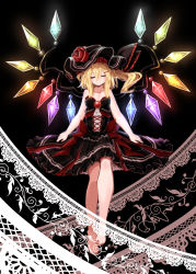 Rule 34 | 1girl, absurdres, alternate color, alternate costume, barefoot, black background, black dress, black hat, blonde hair, breasts, brooch, closed eyes, collarbone, dress, flandre scarlet, floating, flower, fukutchi, full body, glowing, hair between eyes, hair ornament, hairclip, hat, hat flower, head tilt, highres, jewelry, legs, long legs, mob cap, nail polish, neck, rainbow order, red nails, rose, short dress, short hair, short hair with long locks, side ponytail, simple background, small breasts, solo, strapless, strapless dress, toenail polish, toenails, touhou, wings