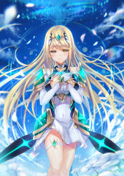 Rule 34 | 1girl, armor, blonde hair, breasts, cleavage, cleavage cutout, clothing cutout, covered navel, earrings, gem, gloves, hands on own chest, headpiece, highres, inoue takuya (tactactak), jewelry, large breasts, long hair, looking at viewer, mythra (xenoblade), nintendo, simple background, smile, solo, swept bangs, thigh strap, tiara, xenoblade chronicles (series), xenoblade chronicles 2, yellow eyes