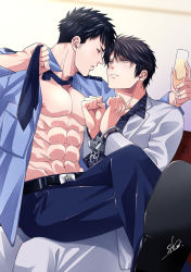 Rule 34 | 2boys, abs, bara, bare pectorals, black hair, blue shirt, bound, bound wrists, closed mouth, cuffs, cup, eye contact, formal, handcuffs, holding, holding cup, jacket, large pectorals, looking at another, male focus, multiple boys, muscular, muscular male, navel, necktie, nipples, open clothes, open shirt, original, pants, pectorals, police, police uniform, policeman, shirt, shocacao72, short hair, sitting, sitting on person, suit, uniform, white jacket, white pants, yaoi