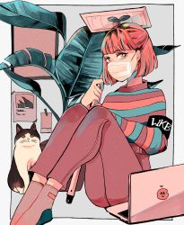 Rule 34 | 1girl, absurdres, black pants, bob cut, brown eyes, cat, computer, grey socks, highres, knees up, laptop, leaf, long sleeves, looking at viewer, mask, mouth mask, original, pants, pink hair, plant, plant on head, potted plant, richard-kun, shirt, short hair, socks, solo, striped clothes, striped shirt, white mask