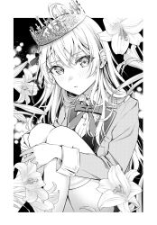 Rule 34 | 1girl, alisa mikhailovna kujou, blazer, blush, border, commentary request, crown, floral background, flower, frown, greyscale, hands on own legs, head tilt, highres, jacket, knees up, long hair, looking at viewer, monochrome, neck ribbon, official art, open clothes, open jacket, outside border, parted lips, ribbon, school uniform, shirt, sitting, solo, tenacitysaho, thighhighs, tokidoki bosotto roshia-go de dereru tonari no arya-san, variant set, vest