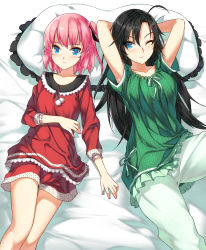 Rule 34 | 2girls, ;), armpits, arms behind head, arms up, black hair, blue eyes, blush, closers, frilled pillow, frills, highres, lace, lace-trimmed shirt, lace trim, long hair, lying, multiple girls, on back, one eye closed, pajamas, pillow, pink hair, ress, seulbi lee, shirt, short hair, smile, wink, yuri seo