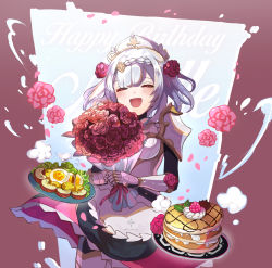 Rule 34 | 1girl, :d, armor, armored dress, blush, bouquet, braid, braided bangs, dress, closed eyes, flower, food, gauntlets, genshin impact, hair flower, hair ornament, happy birthday, highres, holding, holding bouquet, licialurie, lighter-than-air pancake (genshin impact), maid headdress, noelle (genshin impact), open mouth, pancake, pauldrons, red dress, red flower, red rose, rose, short hair, shoulder armor, silver hair, smile, solo