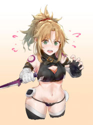 Rule 34 | 1girl, :o, armpits, bandaged arm, bandages, black gloves, black panties, black thighhighs, blonde hair, blush, braid, breasts, cleavage, cleavage cutout, clothing cutout, cosplay, cowboy shot, dagger, fate/apocrypha, fate/grand order, fate (series), fingerless gloves, flying sweatdrops, gloves, gradient background, green eyes, hair ornament, hair scrunchie, halterneck, holding, holding dagger, holding knife, holding weapon, jack the ripper (fate/apocrypha), jack the ripper (fate/apocrypha) (cosplay), knife, looking at viewer, medium breasts, micro panties, midriff, mordred (fate), mordred (fate/apocrypha), navel, open mouth, panties, ponytail, red scrunchie, renzu (lens 02), reverse grip, scrunchie, short hair, shoulder tattoo, single glove, solo, surprised, tattoo, thighhighs, underwear, weapon, white background, yellow background