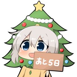 Rule 34 | &gt;:d, 1girl, :d, blue eyes, chibi, christmas tree, grey hair, holding, holding sign, long sleeves, no headwear, open mouth, short hair, sign, simple background, smile, solo, star (symbol), touhou, twumi, upper body, v-shaped eyebrows, white background