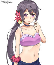 Rule 34 | 10s, 1girl, absurdres, akebono (kancolle), arm at side, asymmetrical hair, bare arms, bare shoulders, bell, bikini, bikini top only, black neckwear, blue skirt, blush, breasts, bright pupils, collarbone, flower, hair bell, hair flower, hair ornament, highres, jingle bell, kantai collection, kiritto, looking at viewer, navel, pink bikini, purple eyes, purple hair, red flower, scratching cheek, scrunchie, side ponytail, simple background, skirt, small breasts, solo, stomach, swimsuit, twitter username, upper body, white background, wrist scrunchie