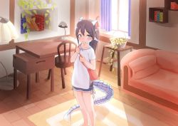 Rule 34 | 1girl, bag, bare legs, barefoot, black hair, blush, book, bookshelf, bow, chair, commentary request, couch, curtains, dragon girl, dragon horns, dragon tail, hair between eyes, holding strap, horn ornament, horn ribbon, horns, indoors, kagarimachi konatsu, lamp, long hair, looking at viewer, nose blush, pointy ears, ribbon, scales, shirt, shorts, solo, standing, sunlight, t-shirt, table, tail, tearing up, white shirt, window, wooden floor