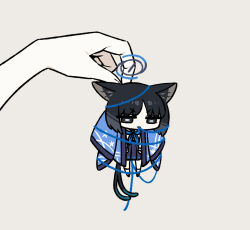Rule 34 | &gt;:(, 1girl, 1other, :&lt;, animal ears, black eyes, black hair, blue archive, blue halo, blue neckerchief, blue sailor collar, blue skirt, blue string, bright pupils, cat ears, cat tail, chan co, chibi, full body, grey background, halo, hanging, haori, japanese clothes, kikyou (blue archive), long sleeves, mini person, minigirl, multiple tails, neckerchief, pleated skirt, sailor collar, school uniform, serafuku, short hair, simple background, skirt, socks, solo focus, tail, two tails, v-shaped eyebrows, white pupils, white serafuku, white socks