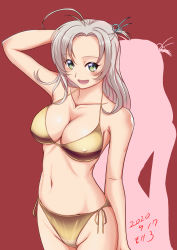 Rule 34 | 1girl, arm behind head, bikini, breasts, cleavage, collarbone, commentary request, covered erect nipples, cowboy shot, gold bikini, green eyes, grey hair, hair tie, kantai collection, kinugasa (kancolle), kinugasa kai ni (kancolle), large breasts, looking at viewer, moke ro, one side up, open mouth, red background, side-tie bikini bottom, silhouette, solo, standing, swimsuit, two-tone background