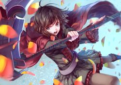 Rule 34 | 1girl, black hair, black pantyhose, boots, brown eyes, cape, open mouth, pantyhose, petals, ruby rose, rwby, scythe, short hair, skirt, solo, touboku, weapon