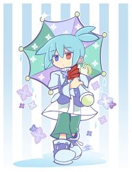 Rule 34 | 1boy, absurdres, artist name, blue eyes, blue hair, closed mouth, expressionless, heterochromia, highres, holding, holding umbrella, leslietheluna, long sleeves, looking away, puyopuyo, raincoat, red eyes, shoes, short hair, sig (puyopuyo), snail, sneakers, solo, umbrella
