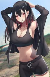 Rule 34 | 1girl, absurdres, amane sora, armpits, bare shoulders, black hair, blue sky, blush, breasts, cleavage, closed mouth, cowboy shot, day, dolphin shorts, drawstring, dutch angle, hair tie in mouth, highres, jacket, large breasts, long hair, looking at viewer, mole, mole under mouth, mouth hold, multicolored hair, open clothes, open jacket, original, outdoors, red eyes, red hair, shorts, sidelocks, sky, smile, solo, sports bra, standing, two-tone hair, tying hair, zipper pull tab