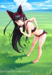 Rule 34 | 1girl, :p, absurdres, bare arms, bare legs, bare shoulders, barefoot, black hair, blue sky, blunt bangs, bow, breasts, cloud, commentary, commission, day, english commentary, finger to mouth, frilled bow, frills, full body, gate - jieitai ka no chi nite kaku tatakaeri, grass, hair bow, hand on own hip, highres, large breasts, leaning forward, long hair, looking at viewer, mleth, outdoors, red eyes, rory mercury, sky, smile, solo, tongue, tongue out, twitter username, underwear, underwear only, very long hair