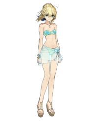Rule 34 | 1girl, ahoge, artoria pendragon (all), artoria pendragon (fate), bare shoulders, bikini, blonde hair, blue bikini, blue bow, bow, bracelet, breasts, collarbone, fate/stay night, fate (series), feet, flower, full body, green eyes, grin, groin, hair bow, hair flower, hair ornament, jewelry, looking at viewer, navel, necklace, official alternate costume, saber (fate), saber (resort vacances) (fate), sarong, see-through, shadow, short hair, small breasts, smile, solo, standing, stomach, strapless, strapless bikini, swimsuit, toes, transparent background, wada arco, white flower