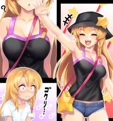Rule 34 | 1boy, 1girl, :d, ?, ^ ^, alternate costume, arm up, armpits, bag, bare arms, bare shoulders, black bow, black headwear, blonde hair, blush, bow, braid, breasts, camisole, casual, cleavage, closed eyes, collarbone, commentary request, contemporary, cowboy shot, denim, denim shorts, facing viewer, hair bow, hair ornament, handbag, head out of frame, highres, kirisame marisa, long hair, medium breasts, midriff peek, multiple views, open mouth, parted lips, purple bow, shirt, short shorts, short sleeves, shorts, single braid, smile, standing, star (symbol), star hair ornament, tarmo, touhou, translation request, upper body, white shirt