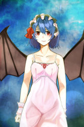 Rule 34 | 1girl, absurdres, bad id, bad pixiv id, bare arms, bare shoulders, bat wings, blue background, blue hair, collarbone, crying, crying with eyes open, hairband, highres, lolita hairband, looking at viewer, nightgown, rain, red eyes, remilia scarlet, ribbon, scroll lock (scrool5), short hair, sleeveless, solo, tears, touhou, wet, wings, wrist cuffs