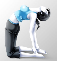 Rule 34 | 1girl, ass, barefoot, black hair, breasts, capri pants, colored skin, feet, full body, grey eyes, highres, long hair, looking up, medium breasts, nintendo, pants, plantar flexion, solo, stretching, tamamon, tank top, white skin, wii fit, wii fit trainer, wii fit trainer (female)