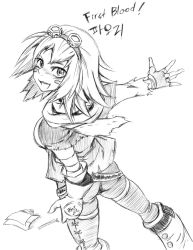 Rule 34 | blush stickers, ezreal, fingerless gloves, from above, gender request, genderswap, gloves, goggles, goggles on head, greyscale, league of legends, monochrome, scarf, short hair, solo
