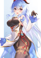 Rule 34 | 1girl, ahoge, bare shoulders, bell, black gloves, blue hair, blush, bodystocking, breasts, brown pantyhose, detached sleeves, dress, elbow gloves, eric (tianqijiang), ganyu (genshin impact), genshin impact, gloves, highres, horns, large breasts, long hair, looking at viewer, neck bell, pantyhose, pelvic curtain, purple eyes, solo, thighs, white dress
