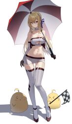 Rule 34 | 1girl, absurdres, alternate costume, azur lane, bare shoulders, blonde hair, blue hair, blue ribbon, breasts, brown gloves, checkered flag, choker, cleavage, closed mouth, collarbone, commentary request, commission, elbow gloves, flag, full body, gloves, hair between eyes, hair ribbon, highres, holding, holding umbrella, king george v (azur lane), large breasts, long hair, looking at viewer, maanu, manjuu (azur lane), midriff, miniskirt, multicolored hair, navel, pixiv commission, race queen, red eyes, ribbon, simple background, skirt, smile, standing, thighhighs, thighs, two-tone gloves, two-tone hair, umbrella, white background, white choker, white gloves, white skirt, white thighhighs