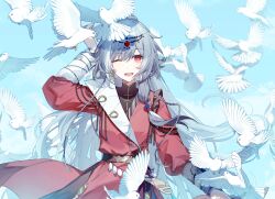 Rule 34 | 1girl, absurdres, alternate costume, belt, bird, breasts, chinese clothes, chinese commentary, earrings, fu hua, fu hua (herrscher of sentience), grey hair, hair between eyes, highres, honkai (series), honkai impact 3rd, jewelry, light smile, long hair, long sleeves, looking at viewer, red sleeves, saya atang, single earring, small breasts, solo, standing, upper body, very long hair, white bird, dove, winking (animated), yellow pupils