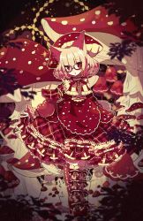 Rule 34 | 1girl, :o, animal ears, apron, blonde hair, blurry, boots, checkered clothes, checkered skirt, clothes lift, depth of field, fly agaric, fox ears, full body, highres, juliet sleeves, knee boots, long sleeves, looking at viewer, mogmogyasai, mushroom, original, polka dot, puffy sleeves, red-framed eyewear, red eyes, skirt, skirt lift, solo, sparkle, standing, vignetting