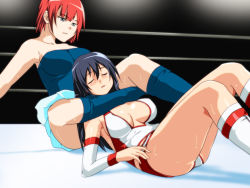 Rule 34 | 10s, 2girls, arm support, asphyxiation, ass, bare legs, bare shoulders, black hair, blue eyes, blue legwear, blue tube top, breasts, breasts apart, defeat, detached sleeves, closed eyes, female focus, hagiwara sakura, hair between eyes, highres, knee up, kneehighs, knees up, large breasts, leaning, leaning back, leg lock, legs, long hair, looking at another, lying, multiple girls, neck, on back, on floor, open mouth, red hair, sekai de ichiban tsuyoku naritai!, short hair, sitting, skirt, socks, strangling, strapless, sweat, tube top, unconscious, white detached sleeves, white legwear, white skirt, wrestling, wrestling outfit, wrestling ring