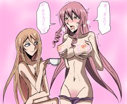 Rule 34 | 2girls, akuma no riddle, artist request, blush, breasts, cup, drooling, highres, lactating into container, lactation, large breasts, long hair, medium breasts, multiple girls, navel, nude, pubic hair, simple background, smile, sweat, tongue, tongue out, yuri