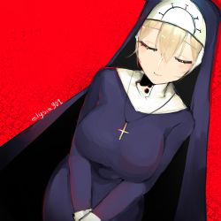Rule 34 | 1girl, blonde hair, breasts, closed eyes, cross, cross necklace, double (skullgirls), dutch angle, elysia901, habit, highres, jewelry, large breasts, necklace, nun, red background, skullgirls, smile, solo, upper body