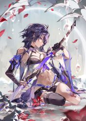 Rule 34 | 1girl, acheron (honkai: star rail), asymmetrical gloves, black choker, black gloves, black shorts, breasts, choker, commentary, crop top, earrings, elbow gloves, flower, gloves, highres, holding, holding sword, holding weapon, honkai: star rail, honkai (series), jewelry, katana, midriff, navel, petals, purple eyes, purple hair, red flower, scabbard, sheath, short shorts, shorts, single bare shoulder, sitting, small breasts, solo, stomach, sword, thighs, unsheathing, weapon, yeurei