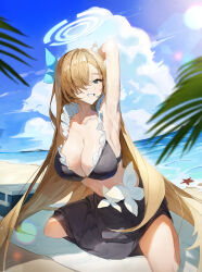 Rule 34 | 1girl, absurdres, alternate costume, aqua eyes, arm behind head, arm up, armpits, asuna (blue archive), beach, bikini, black bikini, black sarong, blonde hair, blue archive, blue bow, blue sky, blurry, blurry foreground, bokeh, bow, breasts, cleavage, cloud, cloudy sky, commentary, cooler, day, depth of field, eyelashes, flower, flower bikini, frilled bikini top, grin, hair bow, hair intakes, hair over one eye, halo, highres, kneeling, large breasts, leaning forward, legs folded, lens flare, light blush, long bangs, long hair, looking at viewer, navel, ocean, outdoors, palm leaf, penguinbutler, picnic blanket, presenting armpit, sarong, shadow, sideboob, sky, smile, solo, starfish, sun, swept bangs, swimsuit, thighs, white flower