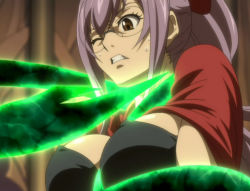 Rule 34 | 1girl, breasts, fairy tail, glasses, laki olietta, one eye closed, purple hair, screencap, solo, stitched, sweat, third-party edit