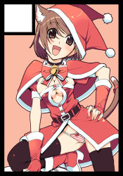 Rule 34 | 1girl, animal ears, bad id, bad pixiv id, bell, black border, border, bow, bow panties, breasts, brown eyes, brown hair, cape, capelet, cat ears, cat tail, christmas, circle cut, cleavage, cleavage cutout, clothing cutout, fang, jingle bell, medium breasts, original, panties, santa costume, solo, striped clothes, striped panties, tail, takei ooki, underwear