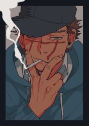 Rule 34 | 1boy, :/, alternate costume, blue hoodie, brown eyes, brown hair, casual, cigarette, face, facial scar, golden kamuy, hat, highres, hood, hoodie, long sleeves, male focus, scar, scar on cheek, scar on face, scar on mouth, scar on nose, short hair, simple background, smoking, solo, spiked hair, sugimoto saichi, tonta (tonta1231)