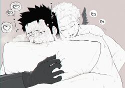 Rule 34 | 2boys, artist request, bara, blush, boku no hero academia, endeavor (boku no hero academia), greyscale with colored background, hawks (boku no hero academia), heart, highres, hugging object, male focus, mature male, multiple boys, muscular, muscular male, muscular uke, pillow, pillow hug, solo focus, spoken blush, spoken heart, sweat, thick eyebrows, torogao, upper body, yaoi