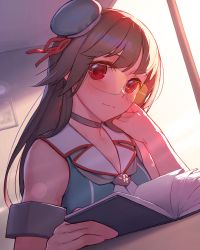 Rule 34 | 1girl, blush, book, breasts, choker, choukai (kancolle), choukai kai ni (kancolle), commentary request, glasses, hair ornament, hat, hat ribbon, headgear, kantai collection, long hair, looking at viewer, reading, red eyes, ribbon, rimless eyewear, rotix, school uniform, smile, solo