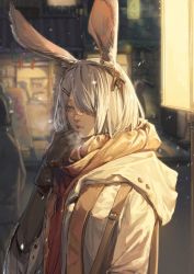 Rule 34 | 1girl, animal ears, arknights, bandaid, bandaid on face, bandaid on nose, banner, black gloves, blurry, blurry background, breath, breathing on hands, coat, enpera, gloves, grey hair, hair ornament, hair over one eye, hairclip, highres, hood, hood down, lamppost, looking away, night, one eye covered, outdoors, savage (arknights), scarf, shenji laurant, snowing, solo, storefront, upper body, warming hands, winter, yellow scarf
