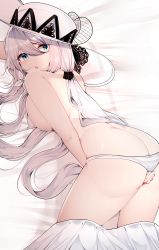 Rule 34 | 1girl, :o, absurdres, ass, azur lane, bikini, blue eyes, breast press, breasts, hair between eyes, hat, highres, illustrious (azur lane), large breasts, long hair, looking at viewer, low twintails, lying, masturbation, on stomach, samip, solo, swimsuit, thighs, topless, twintails, underwear, white bikini, white hair, white hat