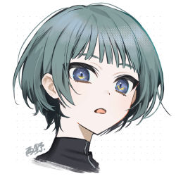 Rule 34 | 1girl, absurdres, blue eyes, commentary request, dotted background, green hair, highres, original, parted lips, portrait, short hair, signature, solo, torino kawazu, white background