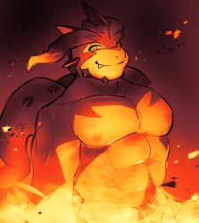 Rule 34 | 1boy, abs, bara, colored sclera, completely nude, cthugha (housamo), embers, fang, fire, furry, furry male, kenetsu sumi (no miso crash), large pectorals, leaning back, looking at viewer, male focus, monster boy, muscular, muscular male, nipples, nude, octopus boy, pectorals, smile, solo, stomach, tentacle hair, tentacles, tokyo houkago summoners, upper body, yellow sclera