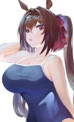 Rule 34 | 1girl, animal ears, bare arms, bare shoulders, blue one-piece swimsuit, blush, breasts, brown hair, chestnut mouth, cleavage, covered navel, daiwa scarlet (umamusume), dokomon, fang, hair between eyes, hair intakes, highres, horse ears, horse girl, large breasts, long hair, looking at viewer, one-piece swimsuit, parted lips, red eyes, simple background, solo, sweat, swimsuit, tiara, twintails, umamusume, upper body, very long hair, white background