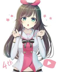 Rule 34 | 1girl, :o, birthday, black hair, blush, bow, breasts, detached sleeves, flower (symbol), green eyes, hair ornament, hands up, happy birthday, highres, kizuna ai, kizuna ai inc., long hair, looking at viewer, navel, nekonosuke, open mouth, simple background, small breasts, solo, virtual youtuber, white background, youtube logo