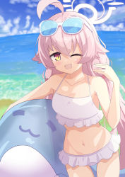 Rule 34 | 1girl, ;d, absurdres, ahoge, armpits, bare shoulders, bea8do88, beach, bikini, blue archive, blue sky, carrying, cloud, cloudy sky, collarbone, commentary request, eyewear on head, fisheye, frilled bikini, frilled swimsuit, frills, hair between eyes, halo, highres, horizon, hoshino (blue archive), hoshino (swimsuit) (blue archive), long hair, looking at viewer, low twintails, navel, ocean, official alternate costume, one eye closed, open mouth, pink hair, sidelocks, sky, sleeveless, smile, solo, spaghetti strap, stomach, stuffed whale, sunglasses, swimsuit, twintails, white bikini, yellow eyes